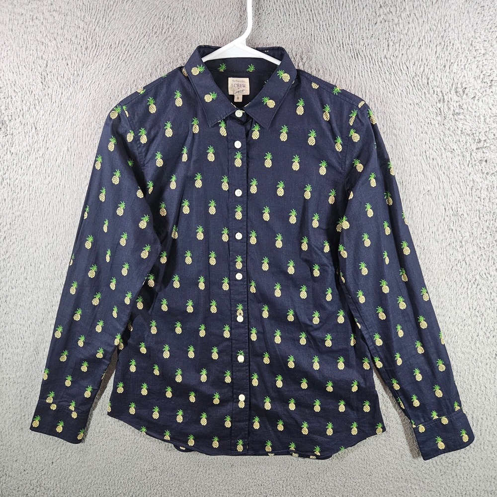 J.Crew The Perfect Shirt Womens Small Navy Blue Pineapple‎ Print Cotton